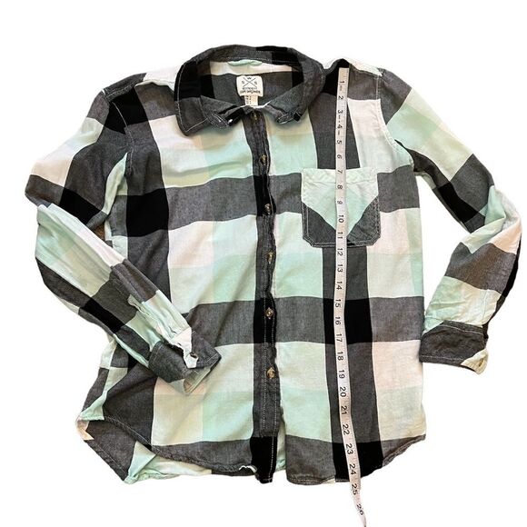 Mint Plaid Casual Cotton Button Up Long Sleeve Top S - Picture 6 of 9